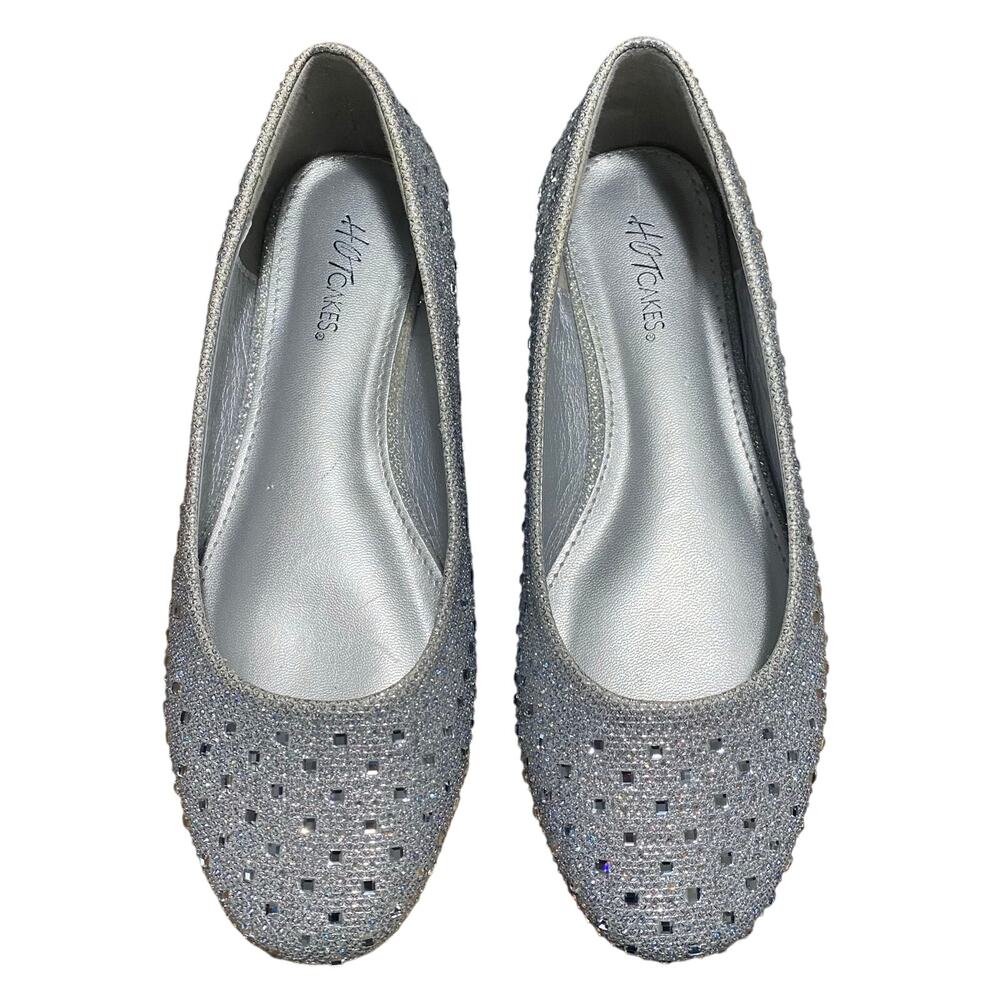 Hotcakes Silver Rhinestone Flats Women’s 7W Sparkly Slip-On Dress Shoes